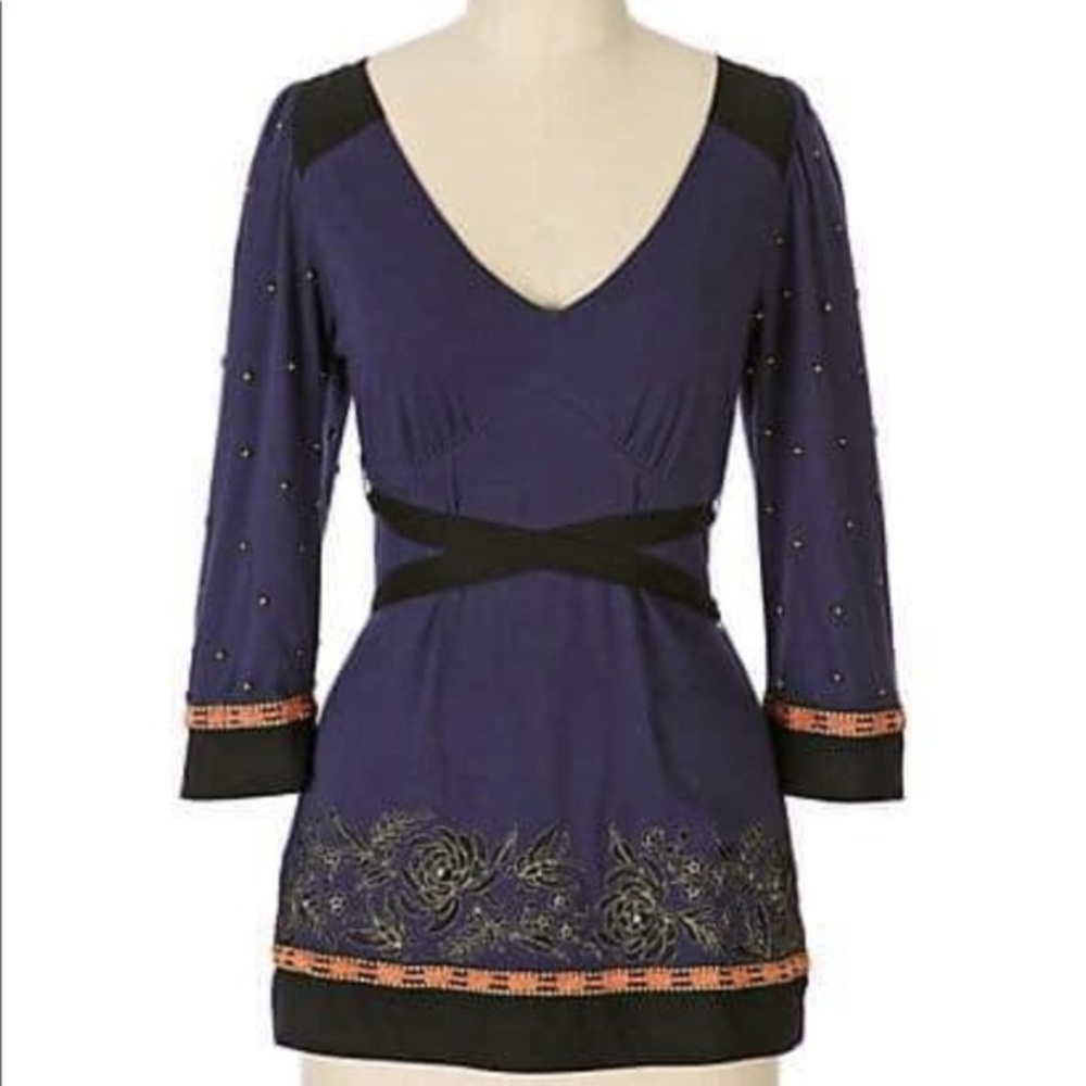 Anthropologie/C. Keer Embroidered Navy Blouse sz M